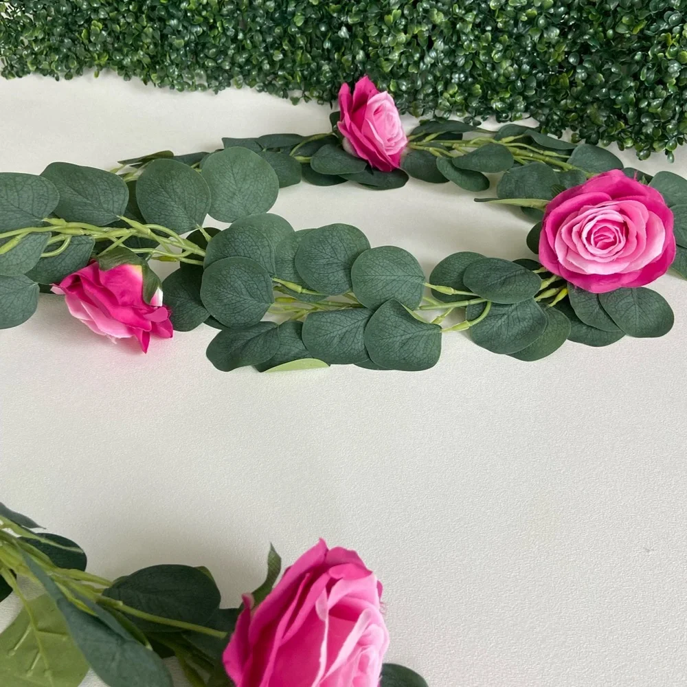 2 count Fuchsia Hot Pink Rose Eucalyptus Garlands 6 feet
